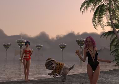 Futuristic Beach Day with Friends and alien cat pet