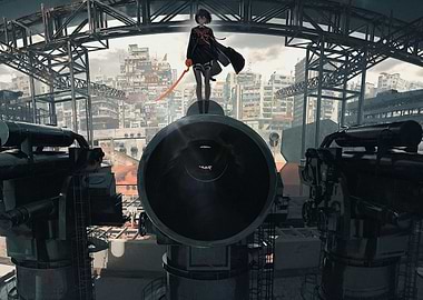 Anime Girl Standing on Large Cannon