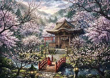 Shrine Maiden in Cherry Blossom Garden