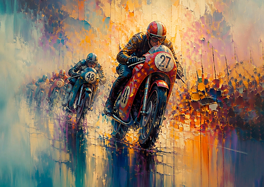 Vintage Motorcycle Racing Oil Painting