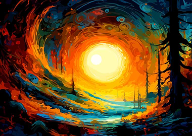 Vibrant Abstract Swirling Sun Landscape