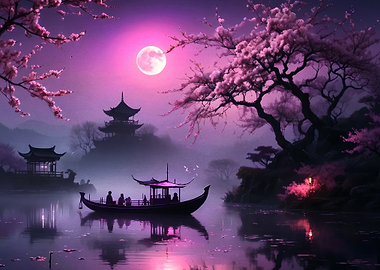 Serene Night Boat on Moonlit Lake
