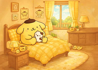 Pompompurin Relaxing in a Cozy Bedroom