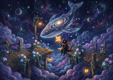 Cat and Cosmic Whale in Clouds