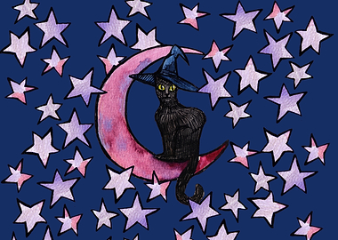 Black Cat Witch on Crescent Moon