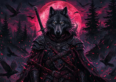 Warrior Wolf Knight Under Red Moon