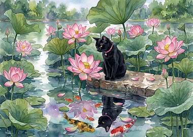 Black Cat by Lotus Pond