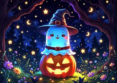 Cute Ghost Sitting on Jack-o'-lantern