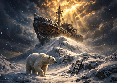 Polar Bear and Shipwreck in Arctic