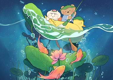 Cute Animals Boating on Lotus Pond