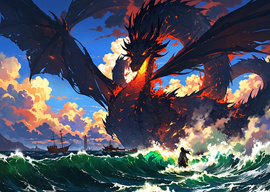 Giant Fire Dragon Over Ocean