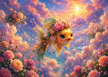 Cute Goldfish Swimming in Floral Clouds