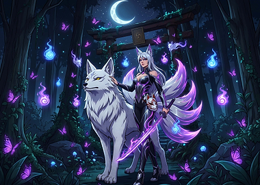 Kitsune Warrior with White Wolf