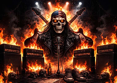 Fiery Rock and Roll Skull Musician