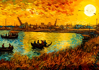 Van Gogh Style River Sunset Painting