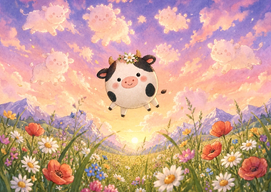 Cute Floating Cow in Flower Meadow