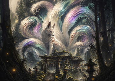 Majestic Nine-Tailed Kitsune at Shrine