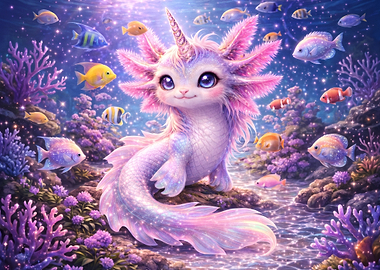 Magical Unicorn Axolotl Underwater Scene