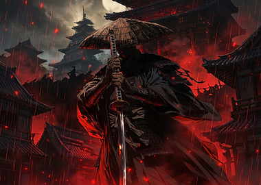 Samurai Warrior in Red Rain