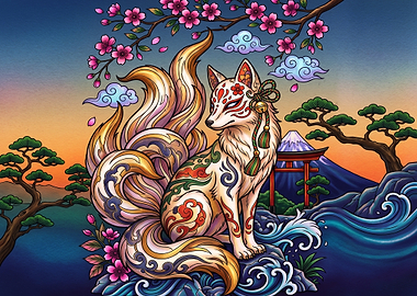 Kitsune Nine-Tailed Fox Japanese Art