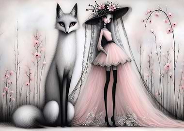 Whimsical Fox Lady with Pink Flowers