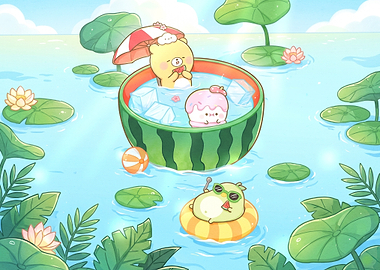 Cute Characters Cooling Off in Watermelon