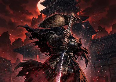Samurai Warrior Under Red Moon