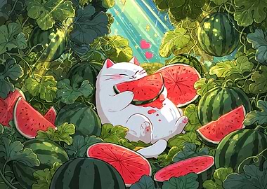 Cute Cat Eating Watermelon in Patch