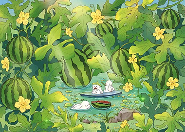 Cute Bunnies in Watermelon Patch