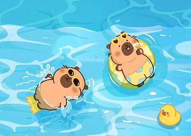 Cute Capybaras Swimming in Pool
