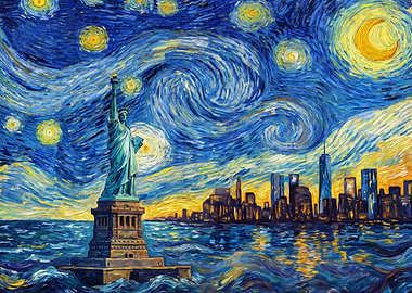 Statue of Liberty Starry Night Painting