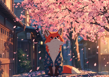 Cute Fox in Kimono Under Sakura