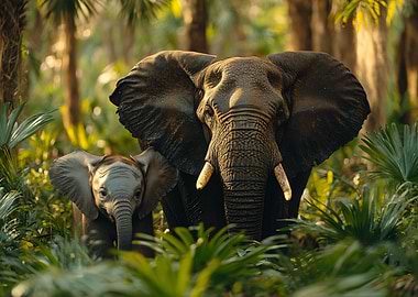Mother Elephant and Calf in Jungle