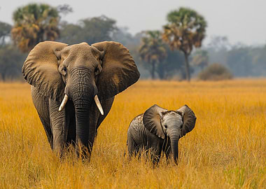 Mother Elephant and Calf in Savanna