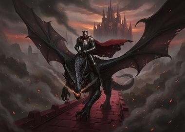 Knight Riding Dragon Toward Dark Castle