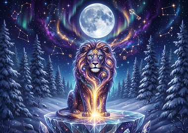 Celestial Cosmic Lion in Winter Forest