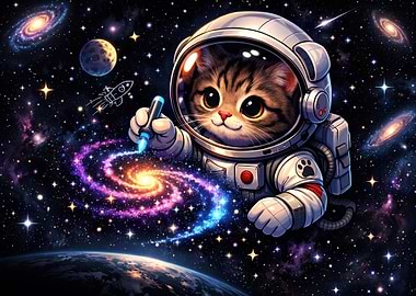 Cute Astronaut Cat Painting a Galaxy
