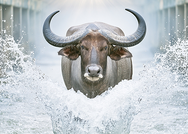 Water Buffalo Charging Through Water