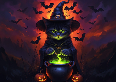 Witch Cat Brewing Halloween Potion