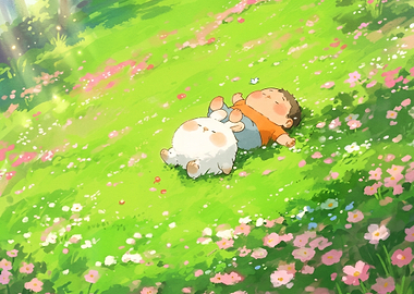Boy and Fluffy Creature Resting