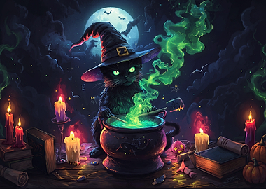 Black Cat Witch Brewing Potion