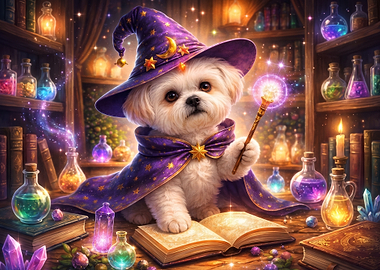 Cute Puppy Wizard in Magical Library