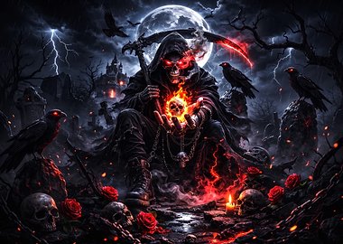 Grim Reaper Holding Flaming Skull