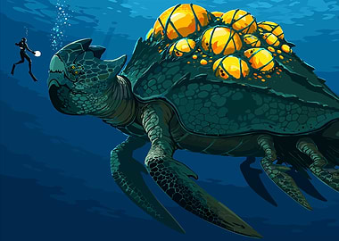 Diver Encountering Giant Sea Turtle