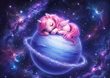Cute Unicorn Sleeping on Planet