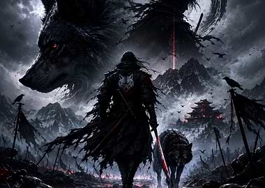 Dark Samurai Warrior with Wolf Spirit