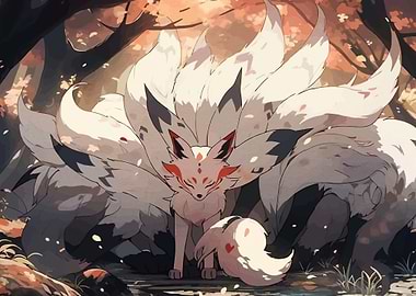 Nine-Tailed Kitsune Fox in Forest