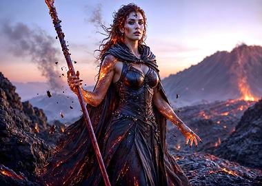 Fire Sorceress in Volcanic Landscape