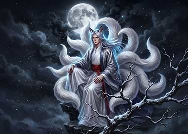Nine-Tailed Fox Spirit Under Moonlight