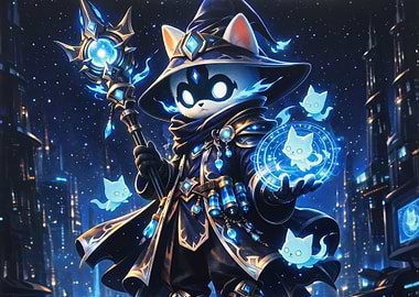 Magical Cat Wizard in Cyberpunk City